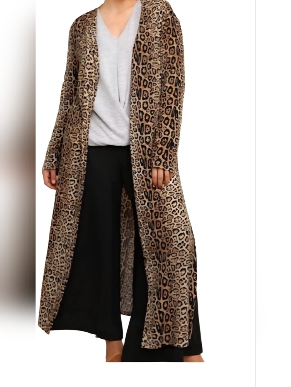 Umgee Leopard Print Long Duster Cardigan Open Front Side Slits Size S NWOT